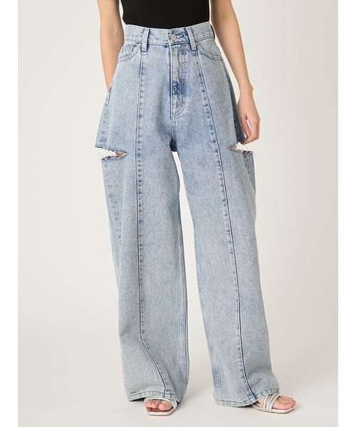 ワイドパンツ ジーンズ デニム デニムパンツ 「00サイズあり」カットアウトバレルデニムパンツ レディースの画像