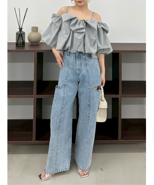 ワイドパンツ ジーンズ デニム デニムパンツ 「00サイズあり」カットアウトバレルデニムパンツ レディースの画像