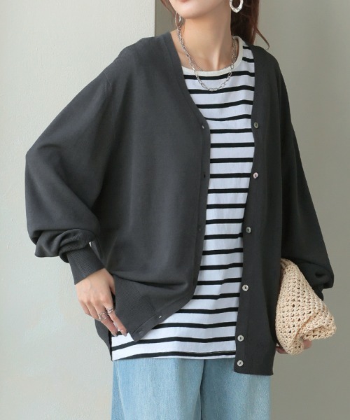 「HUG.U」 ニットカーディガン L ダークグレー レディース_画像2