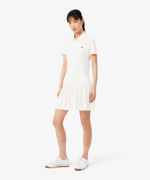 ワンピース ストレッチ鹿の子地プリーツポロドレスの画像