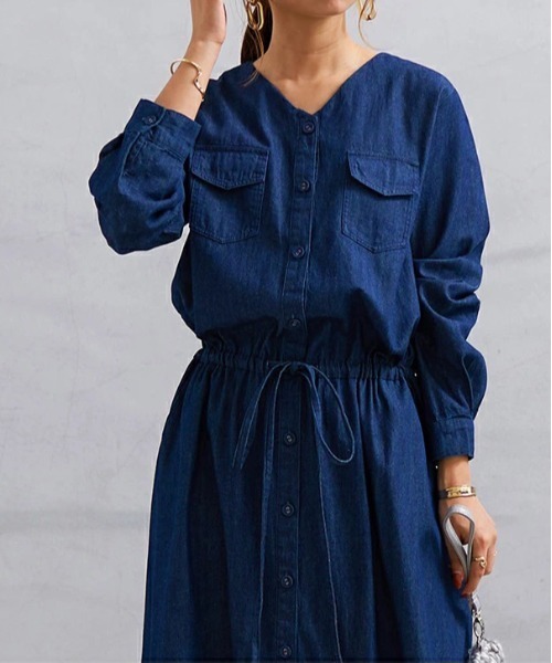 「No one knows」 長袖ワンピース M-L ネイビー レディース_画像3