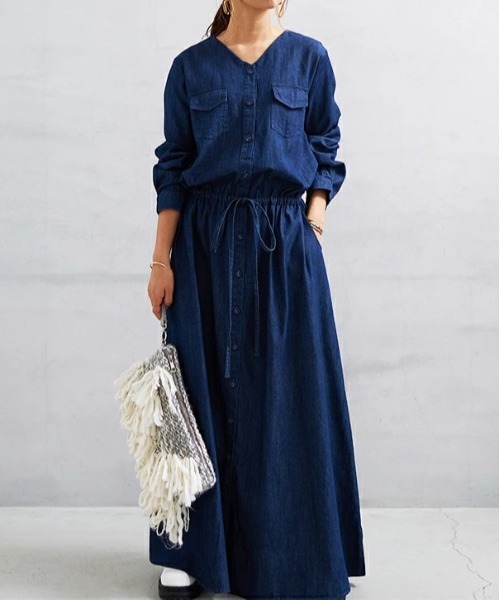 「No one knows」 長袖ワンピース M-L ネイビー レディース_画像4