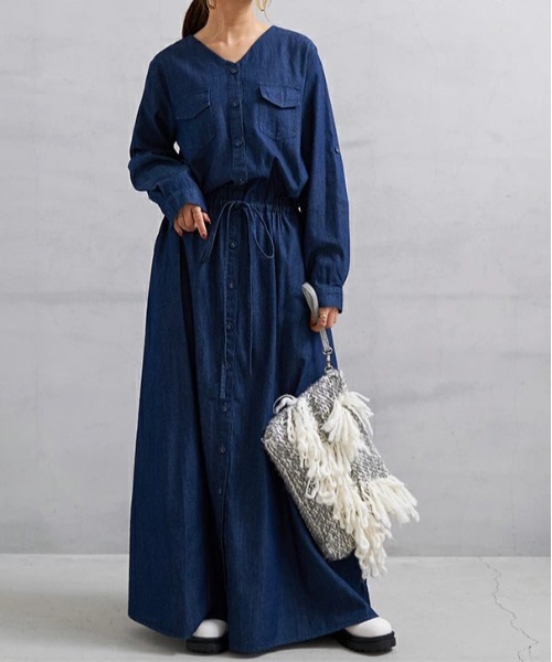 「No one knows」 長袖ワンピース M-L ネイビー レディース_画像5