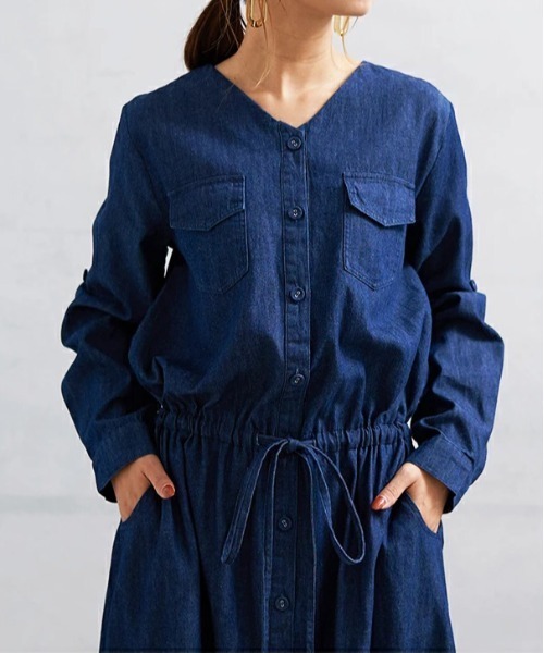「No one knows」 長袖ワンピース M-L ネイビー レディース_画像6