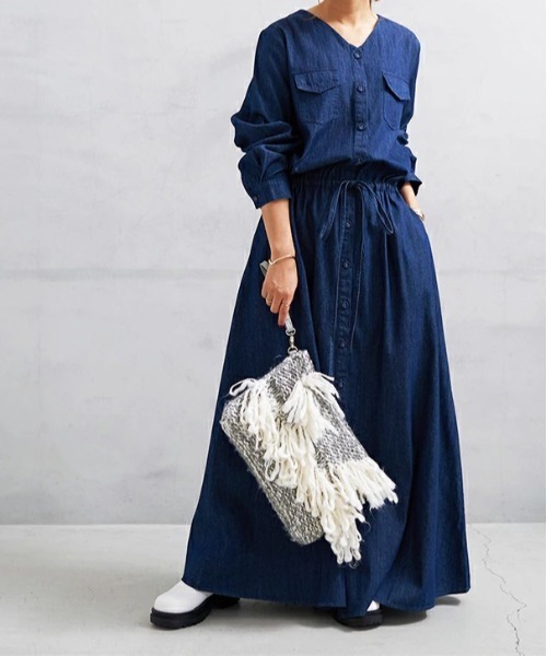 「No one knows」 長袖ワンピース M-L ネイビー レディース_画像7