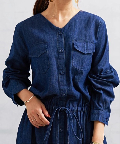 「No one knows」 長袖ワンピース M-L ネイビー レディース_画像8