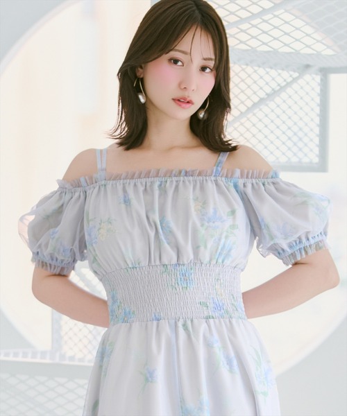 ワンピース フラワーメッシュオフショルワンピースの画像