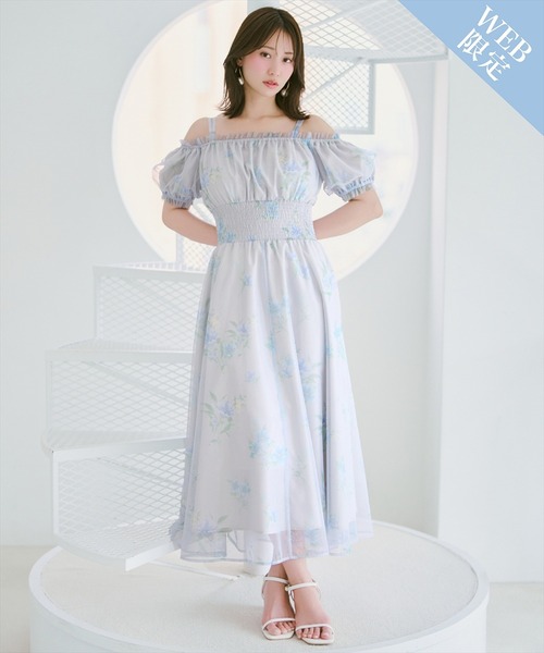 ワンピース フラワーメッシュオフショルワンピースの画像