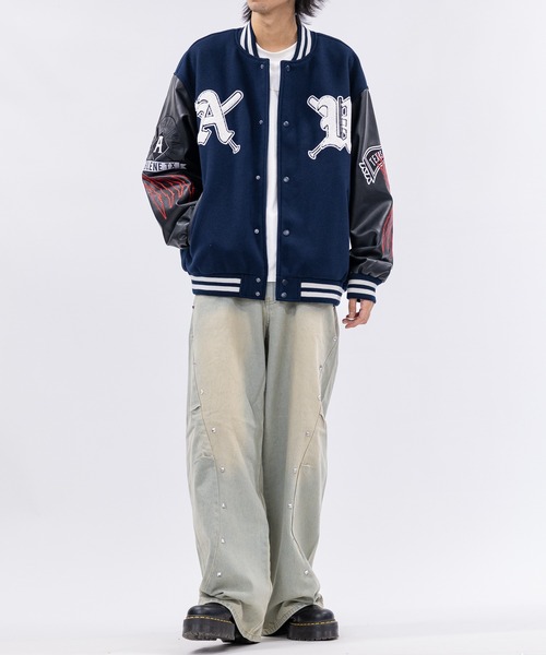 SCHOTT スタジャン ネイビー/ホワイト Lサイズ Schott ショット 22SS NYLON VARSITY JACKET ナイロン バーシティ