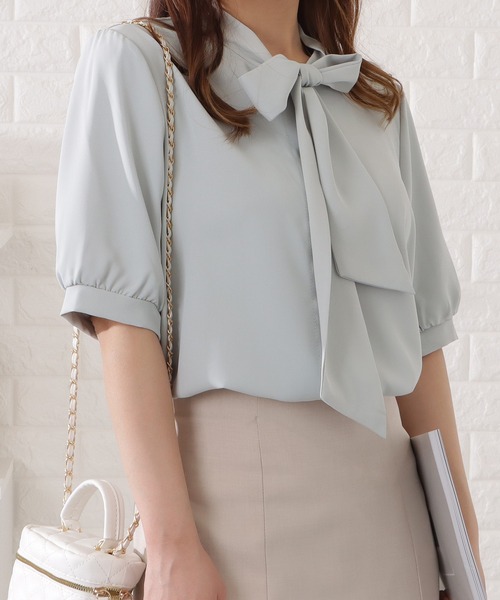 Lace Ladies ブラウス シャツ ボウタイ付き半袖シフォンブラウス
