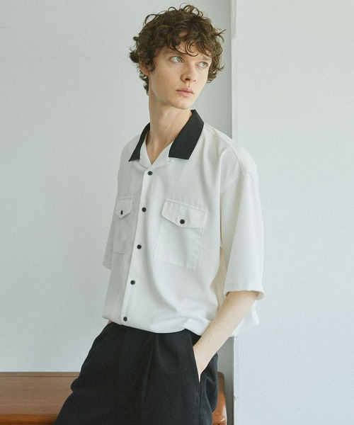 新品 Lサイズ クレリック オープンカラー 半袖 シャツ 3015 54 ベージュ×黒 BEIGE BLACK オーバーサイズ ビッグサイズ ドロップショルダー メンズ オープンカラー オーバーサイズ バック刺繍 オープン クレリックオープンカラードレープシャツ