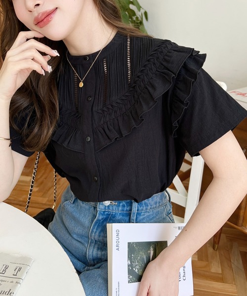 moment+ ブラウス シャツ コットンワッシャー半袖フリルピンタック