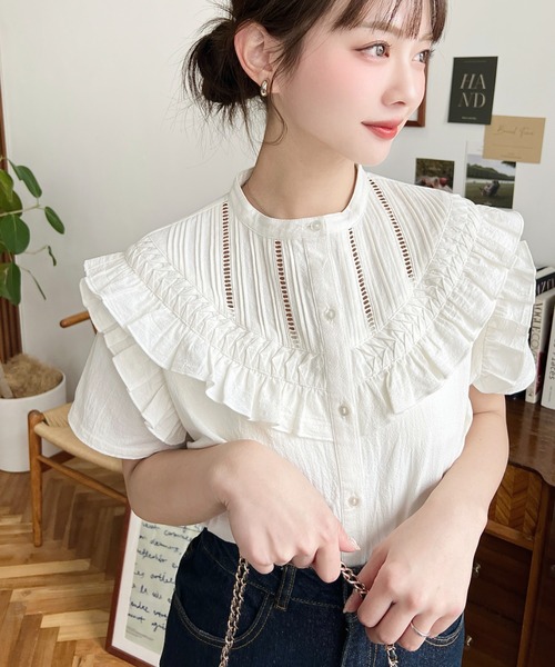 moment+ ブラウス シャツ コットンワッシャー半袖フリルピンタック