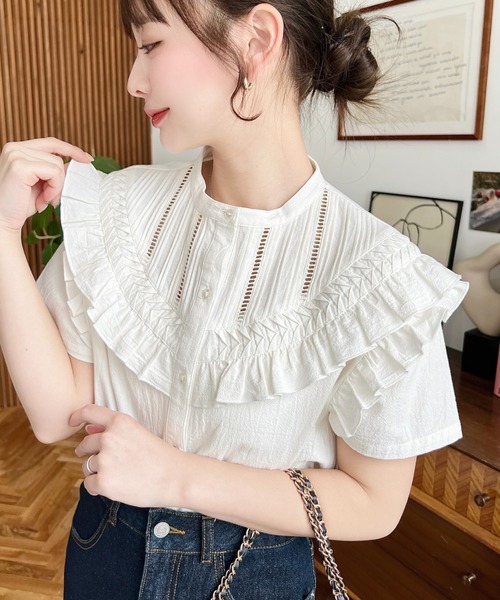 moment+ ブラウス シャツ コットンワッシャー半袖フリルピンタック