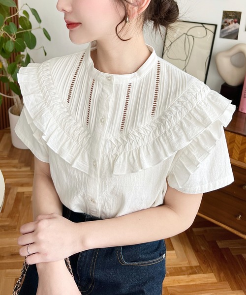 りん♪様 フリルトップス、ピンタックブラウス moment+ ブラウス シャツ コットンワッシャー半袖フリルピンタック