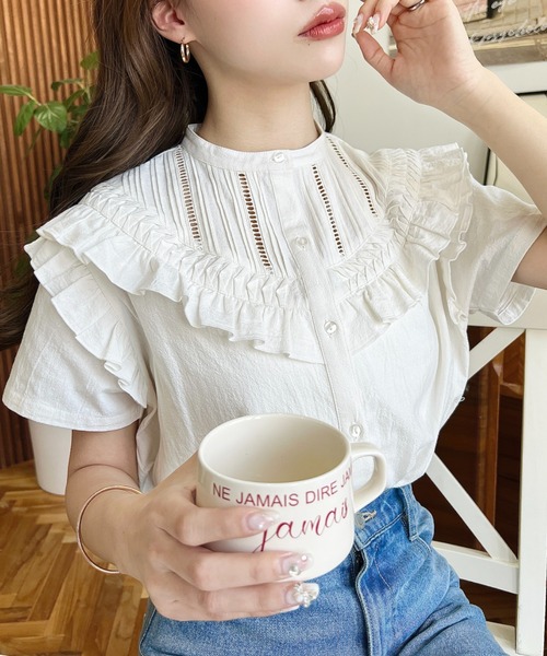 moment+ ブラウス シャツ コットンワッシャー半袖フリルピンタック