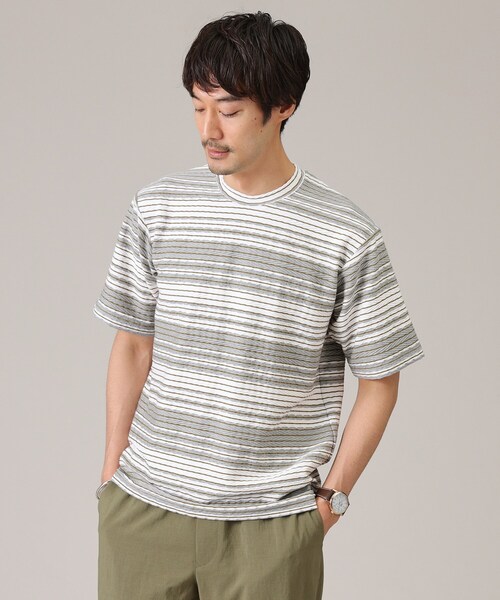 ヘリンボンボーダーカットソー TAKEO KIKUCHI tシャツ ヘリンボンボーダー 半袖カットソー