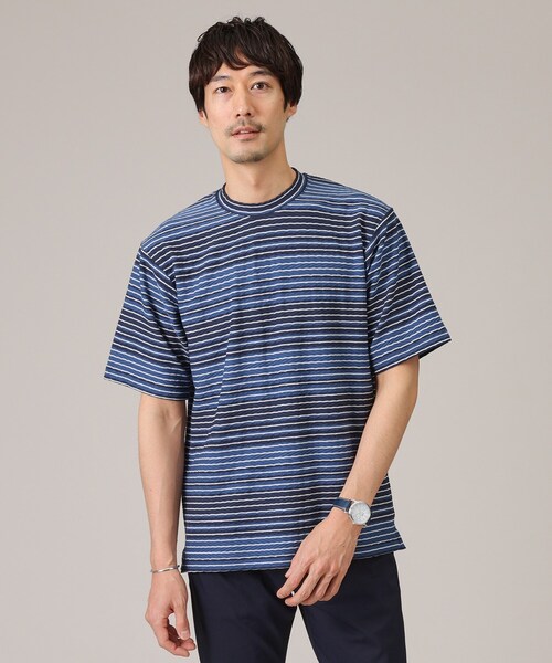 ヘリンボンボーダーカットソー TAKEO KIKUCHI tシャツ ヘリンボンボーダー 半袖カットソー
