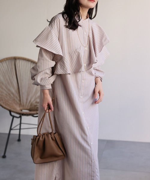 ap retro シャツワンピース ラッフルフリルバンドカラーワンピース