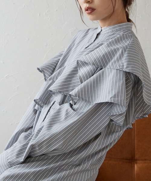 【ROKSANDA】ノーカラー ラッフル ストライプ OXシャツワンピース ap retro シャツワンピース ラッフルバンドカラーワンピース