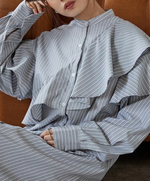 ap retro シャツワンピース ラッフルバンドカラーワンピース