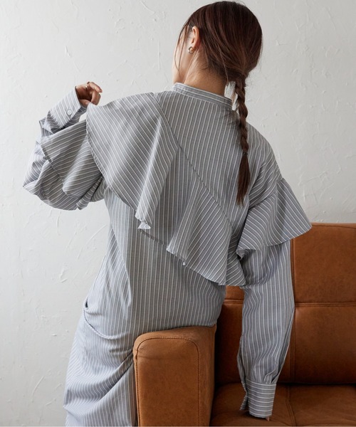 ap retro シャツワンピース ラッフルバンドカラーワンピース