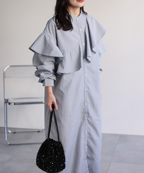 ap retro シャツワンピース ラッフルフリルバンドカラーワンピース