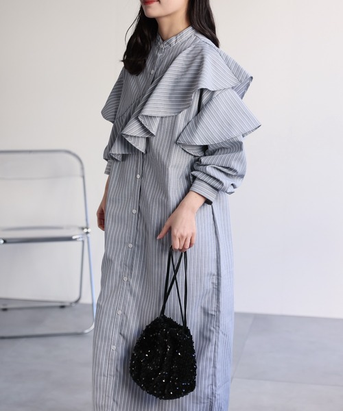 ap retro シャツワンピース ラッフルフリルバンドカラーワンピース