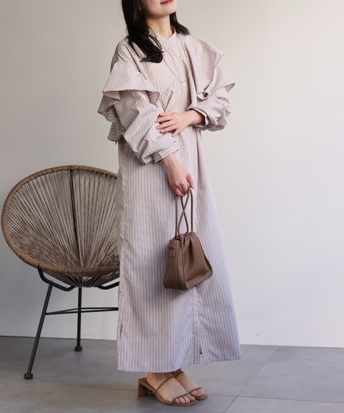 ap retro シャツワンピース ラッフルフリルバンドカラーワンピース