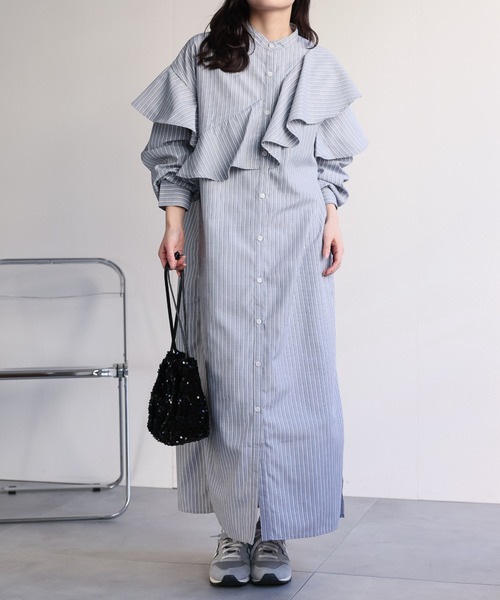 ap retro シャツワンピース ラッフルフリルバンドカラーワンピース