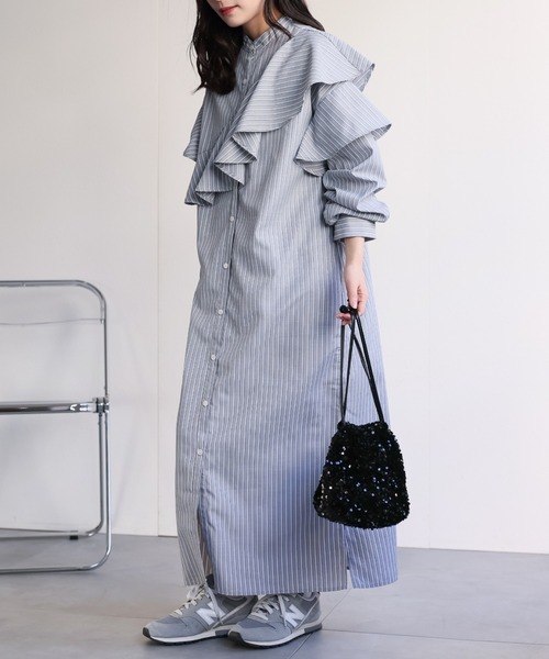 【yansu 】ストライプフリル タックシャツワンピース 刺繍 L ap retro シャツワンピース ラッフルフリルバンドカラーワンピース