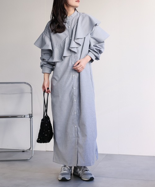 ap retro シャツワンピース ラッフルフリルバンドカラーワンピース