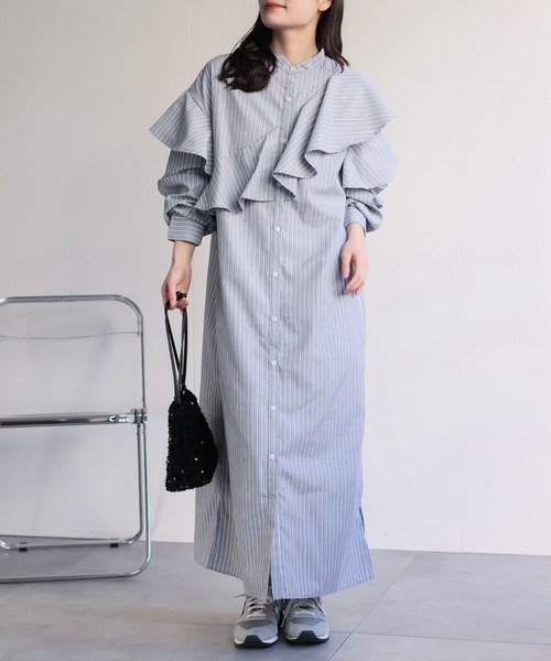 ap retro シャツワンピース ラッフルフリルバンドカラーワンピース