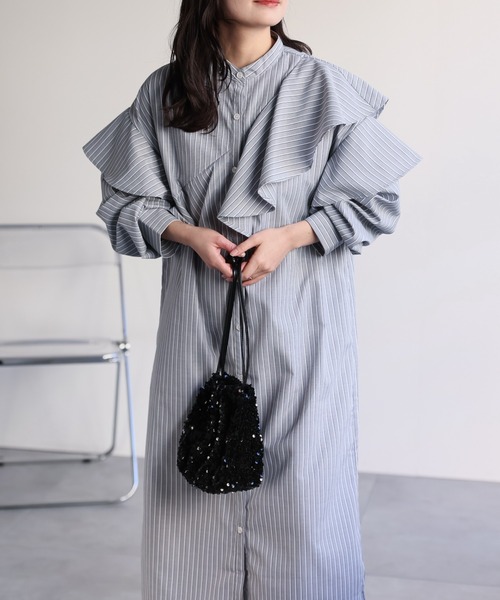 ap retro シャツワンピース ラッフルフリルバンドカラーワンピース