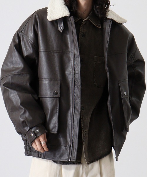 SUGGESTION ブルゾン アウター Fake leather blouson with boa collar