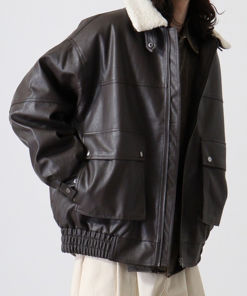 SUGGESTION ブルゾン アウター Fake leather blouson with boa collar