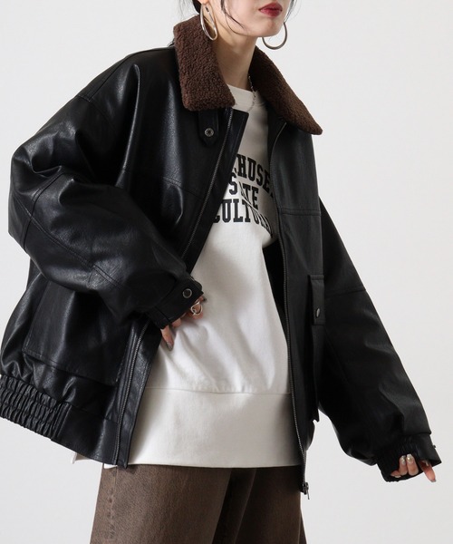 SUGGESTION ブルゾン アウター Fake leather blouson with boa collar