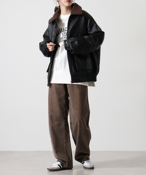SUGGESTION ブルゾン アウター Fake leather blouson with boa collar