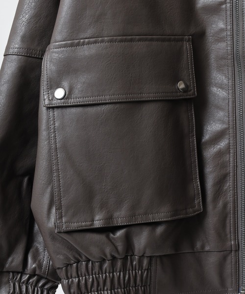 SUGGESTION ブルゾン アウター Fake leather blouson with boa collar