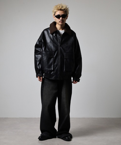 SUGGESTION ブルゾン アウター Fake leather blouson with boa collar