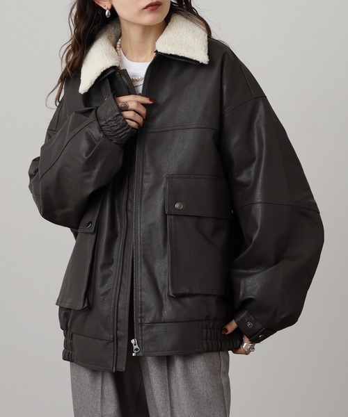 SUGGESTION ブルゾン アウター Fake leather blouson with boa SUGGESTION ブルゾン アウター Fake leather blouson with boa