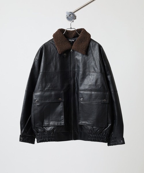 SUGGESTION ブルゾン アウター Fake leather blouson with boa collar