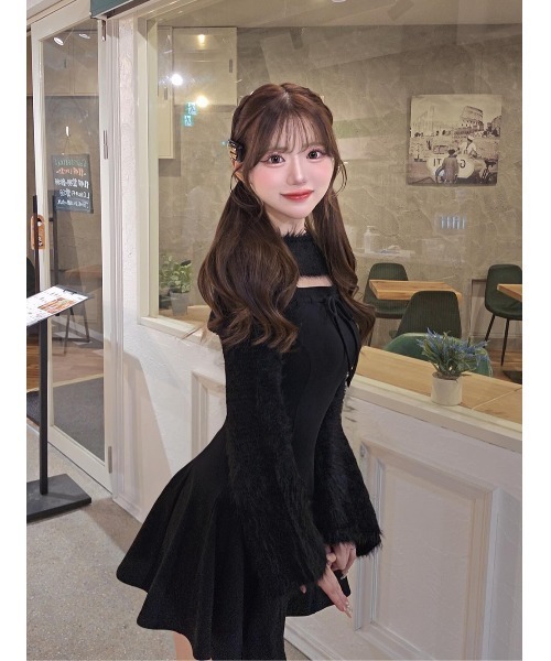 ワンピース ステッチリボンカットフレアミニワンピース レディース  