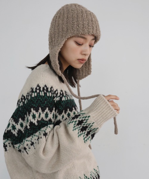 値下げ✴︎美品✴︎CA4LA✴︎イヤーフラップキャップ✴︎ラビットファー✴︎ポンポン付き hellam ニット帽 ニットキャップ イヤーフラップ ニットビーニー