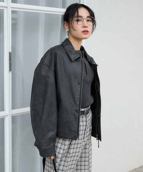 革ジャン ドッキング ジャケット ブルゾン 異素材 ツイード ♪ FREAK'S STORE ブルゾン アウター フェード加工 レザレット