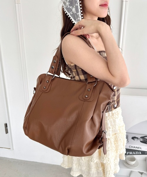 Loueme ボストンバッグ サイドベルトPUレザーボストンバッグ