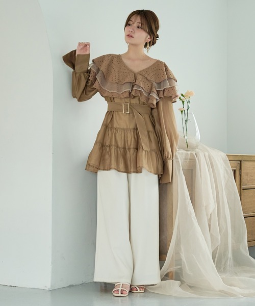 mideal（マイディール） チュニック ruffle lace sheer tunic one