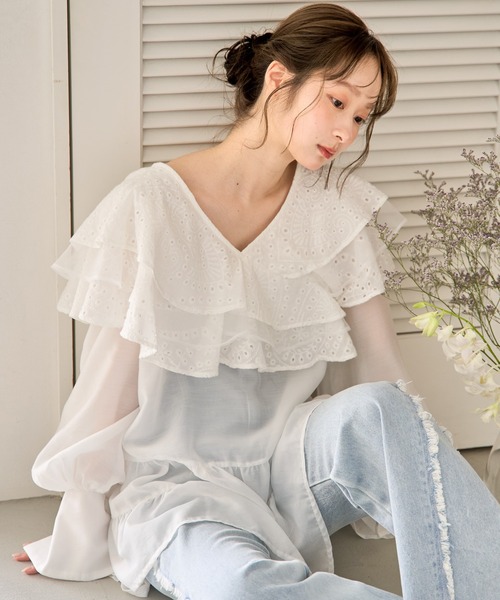 mideal（マイディール） チュニック ruffle lace sheer tunic one