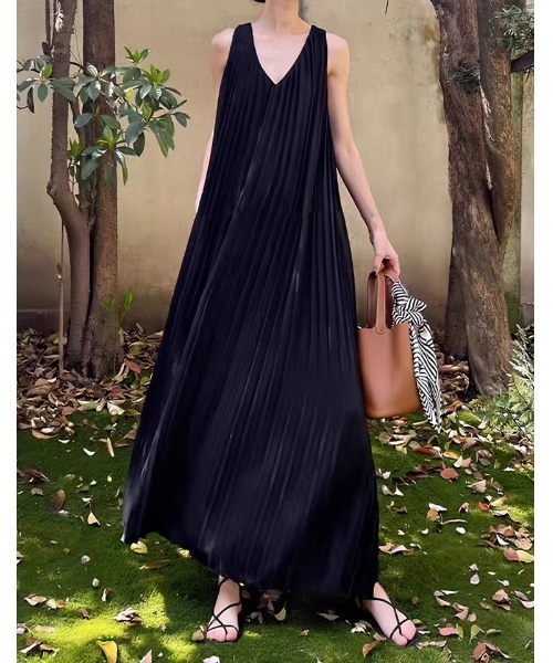 ワンピース プリーツノースリーブロングワンピース