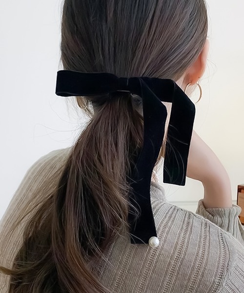 Blanc de Blue ヘアクリップ ベロアリボン パール付ヘアクリップ